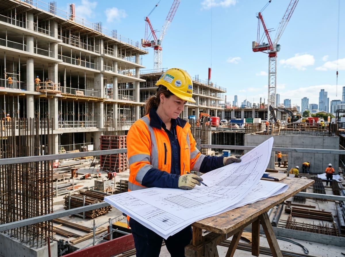 TheSkyTech senior structural engineers inspecting construction drawings on site
